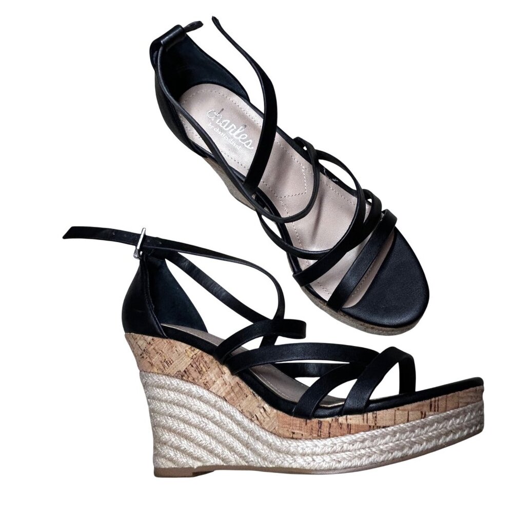 Charles Black Wedge Sandals Cork Rope Adjustable Strappy Design 6M CHARLES-6